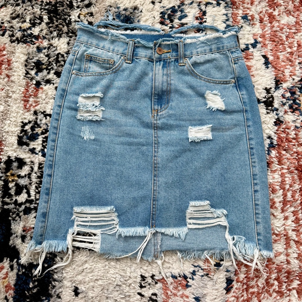 Litz Distressed Denim Pencil Skirt